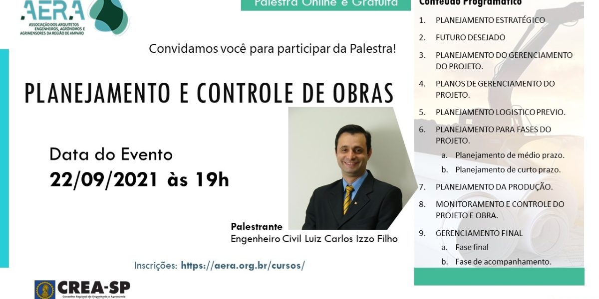 CONVITE PALESTRA PLANEJAMENTO E CONTROLE DE OBRAS